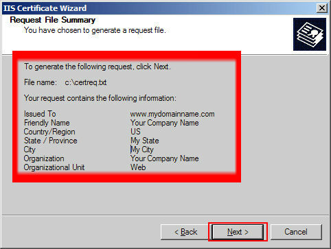 Verify the information is correct and click 'Next' to download the CSR file