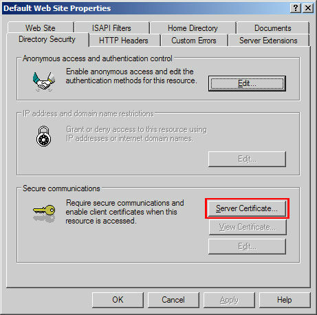 Click the 'Directory Security' tab and then hit 'Server Certificate'