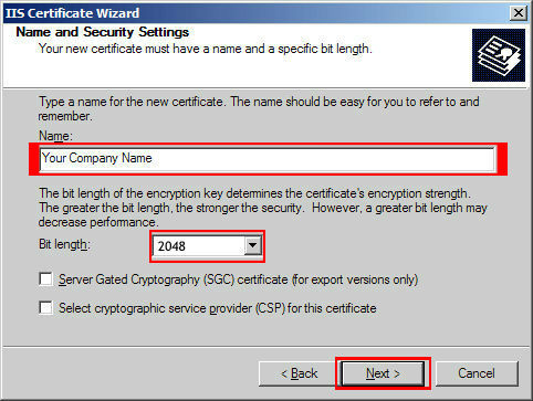 Enter your Company's Name, select '2048' for the bit length and click 'Next'