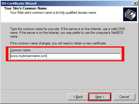 Enter the 'Common Name' (main domain secured on cert) and click 'Next'