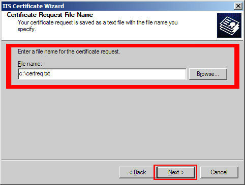 Choose a file name for the CSR and click 'Next'