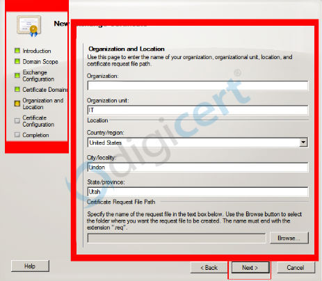     Select the services you will need secured on your exchange certificate and fill out appropriate Organization and Location info. Save your CSR file somewhere convenient, and you are ready to take the CSR to request the certificate.