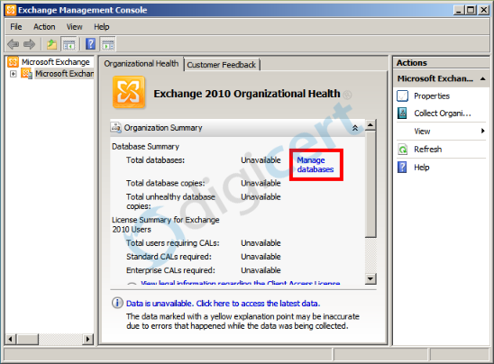 Start the Exchange Management Console from your Start menu, select 'Manage databases', then 'New Exchange Certificate' from the 'Server Configuration' menu on the left.