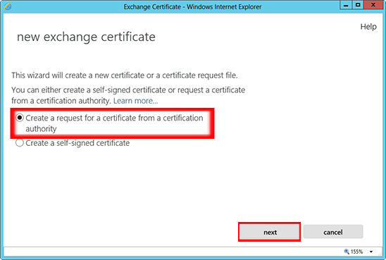 Choose 'Create a request for a certificate from a certification authority' from the 'New Exchange Certificate' wizard window.