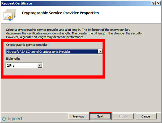 Select the default of 'RSA SChannel' for provider ‘2048’ for the bit length and click ‘Next.’ 