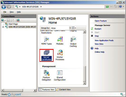 Open IIS7 and under 'Connections,' select your server’s Hostname and in the center menu, in the IIS section, double-click the 'Server Certificates' icon. 