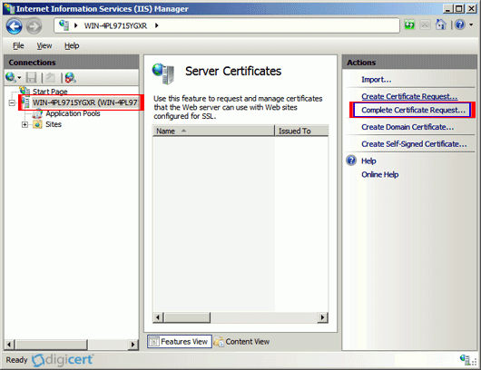 In the 'Actions' menu, click 'Complete Certificate Request' to open the Complete Request Certificate wizard.