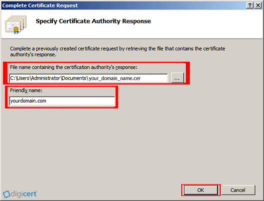 Under 'File name containing the certification authority’s response,' click '…' to browse to the certificate file that you downloaded, select the file, and then, click 'Open.' Next, in the 'Friendly name' box, enter a friendly name for the certificate. The friendly name is not part of the certificate; instead, it is used to identify the certificate. 