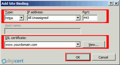 In the 'Add Site Bindings' window, enter the following information and then, click 'OK.' 