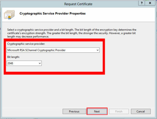 Select the default of ‘RSA SChannel’ for provider ‘2048’ for the bit length and click ‘Next.’