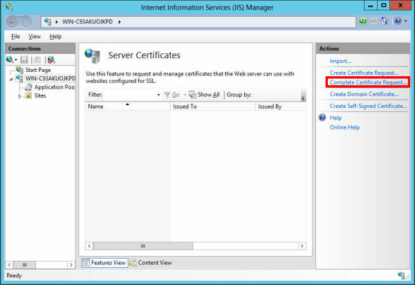 In the ‘Actions’ menu, click ‘Complete Certificate Request’ to open the Complete Request Certificate wizard.