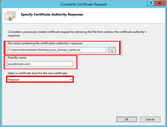 Browse to the certificate file you downloaded. You will then be required to enter a friendly name. The friendly name is not part of the certificate itself, but is used by the server administrator to easily distinguish the certificate. Choose to place the new certificate in the Personal certificate store. 