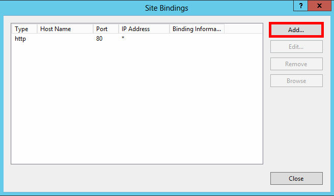  In the 'Site Bindings' window, click 'Add...' This will open the 'Add Site Binding' window. 