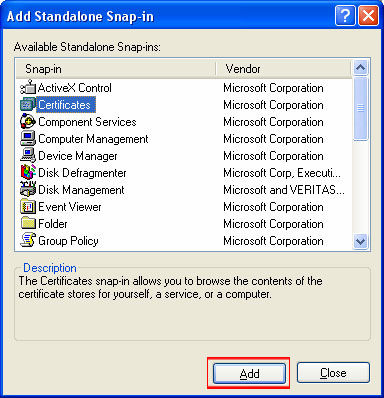 Select Certificates from the Add Standalone Snap-in box. Click Add.