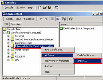 Right-click the Intermediate Certification Authorities folder. Click All Tasks > Import.