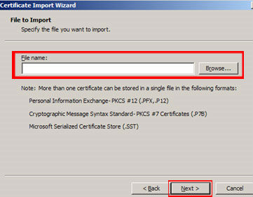 Locate the intermediate certificate(s) you saved and click 'Next.' When the Wizard is completed click 'Finish.'