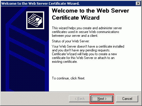 On the Web Server Certificate Wizard, click 'Next.'