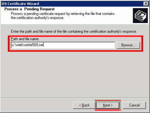  Type in the location of the certificate response file (you may also browse to the file), and then click 'Next.'