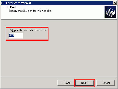 Choose which SSL port the webserver will use (default is 443) and click 'Next.'