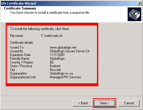 Read the summary screen to be sure that you are processing the correct certificate, and then click 'Next.'